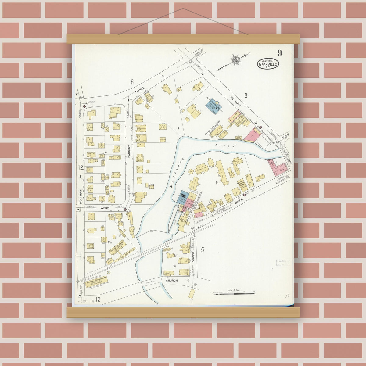 Old map wall art mockup — magnetic wood frame on brick wall — Sanborn Fire Insurance Map from Granville, Washington County, New York (1912), Sheet #0009