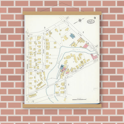 Old map wall art mockup — magnetic wood frame on brick wall — Sanborn Fire Insurance Map from Granville, Washington County, New York (1912), Sheet #0009