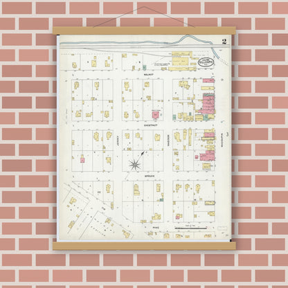 Old map wall art mockup — magnetic wood frame on brick wall — Sanborn Fire Insurance Map from Gillespie, Macoupin County, Illinois (1906), Sheet #0002