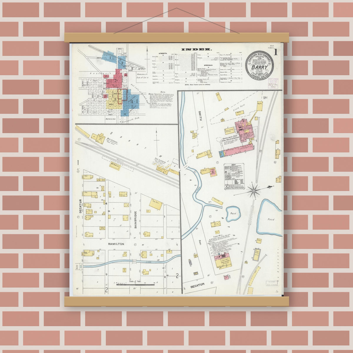 Old map wall art mockup — magnetic wood frame on brick wall — Sanborn Fire Insurance Map from Barry, Pike County, Illinois (1905), Sheet #0001