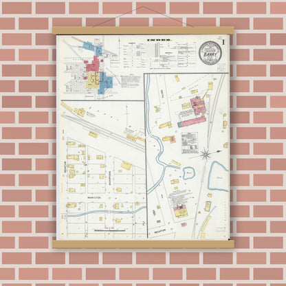 Old map wall art mockup — magnetic wood frame on brick wall — Sanborn Fire Insurance Map from Barry, Pike County, Illinois (1905), Sheet #0001