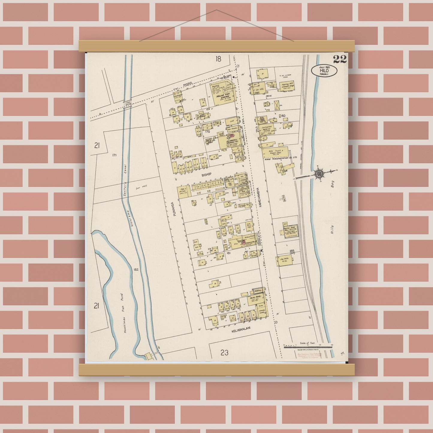 Old map wall art mockup — magnetic wood frame on brick wall — Sanborn Fire Insurance Map from Hilo, Hawaii County, Hawaii (1921), Sheet #0022