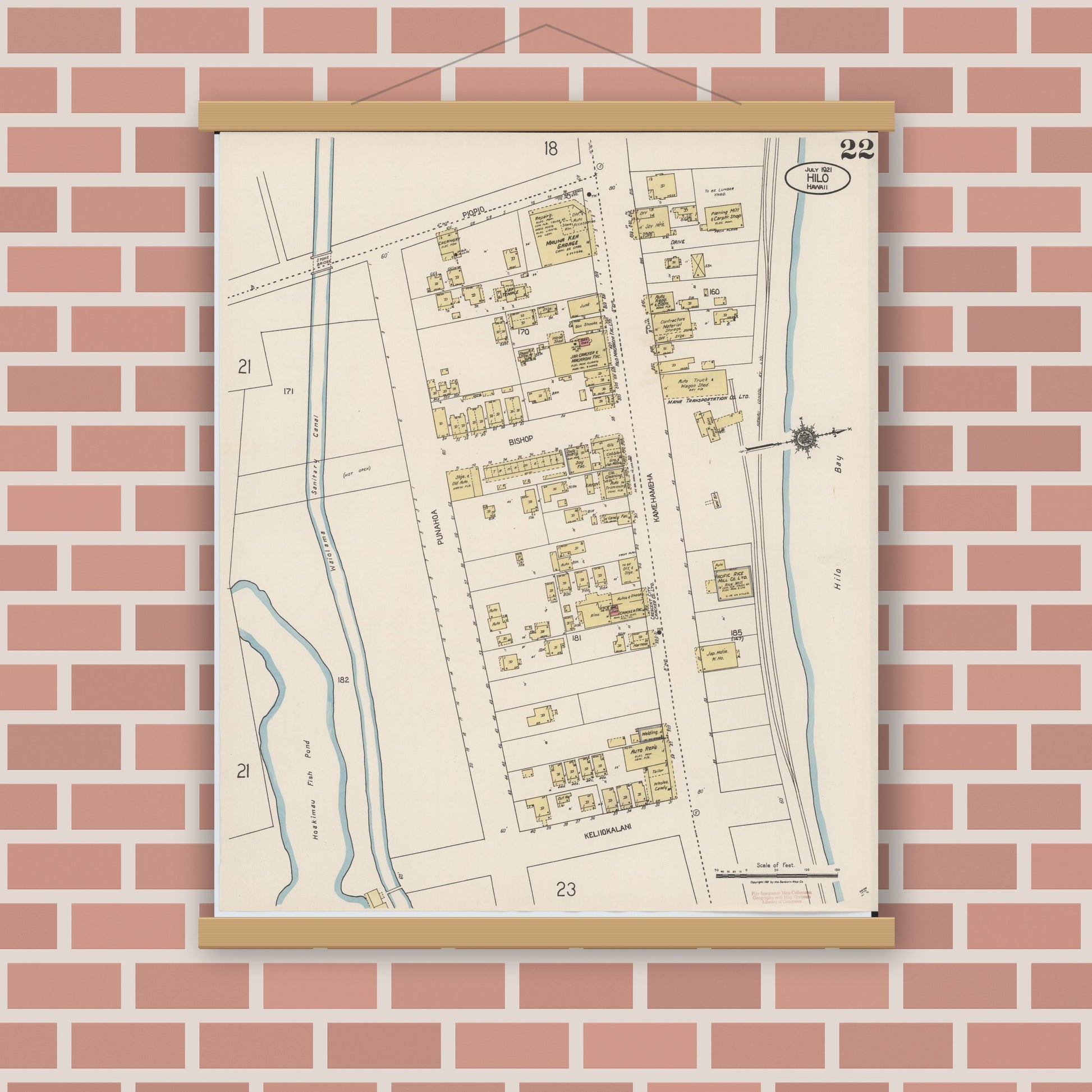Old map wall art mockup — magnetic wood frame on brick wall — Sanborn Fire Insurance Map from Hilo, Hawaii County, Hawaii (1921), Sheet #0022