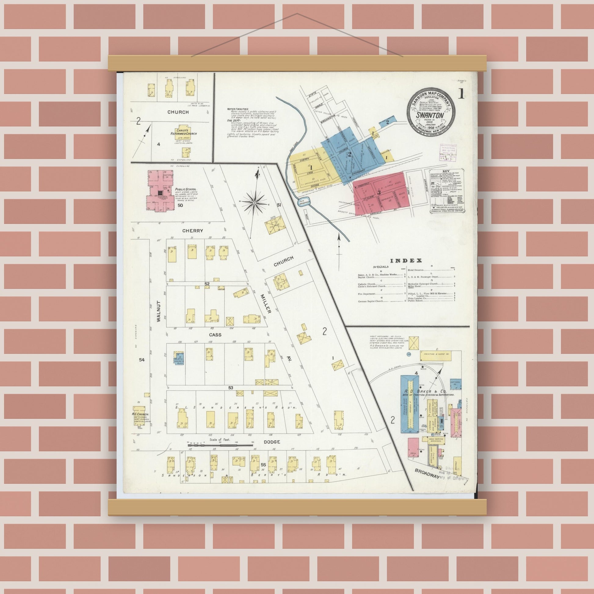 Old map wall art mockup — magnetic wood frame on brick wall — Sanborn Fire Insurance Map from Swanton, Fulton County, Ohio (1908) - Complete Map Set