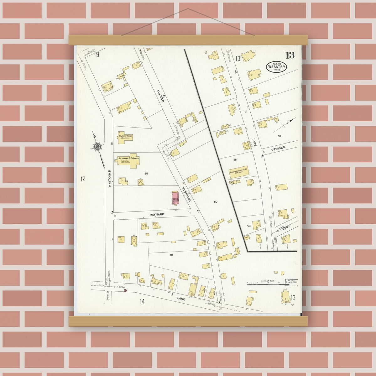 Old map wall art mockup — magnetic wood frame on brick wall — Sanborn Fire Insurance Map from Webster, Worcester County, Massachusetts (1911), Sheet #0013