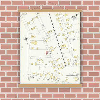 Old map wall art mockup — magnetic wood frame on brick wall — Sanborn Fire Insurance Map from Webster, Worcester County, Massachusetts (1911), Sheet #0013