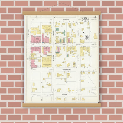 Old map wall art mockup — magnetic wood frame on brick wall — Sanborn Fire Insurance Map from Dunn, Harnett County, North Carolina (1908), Sheet #0004