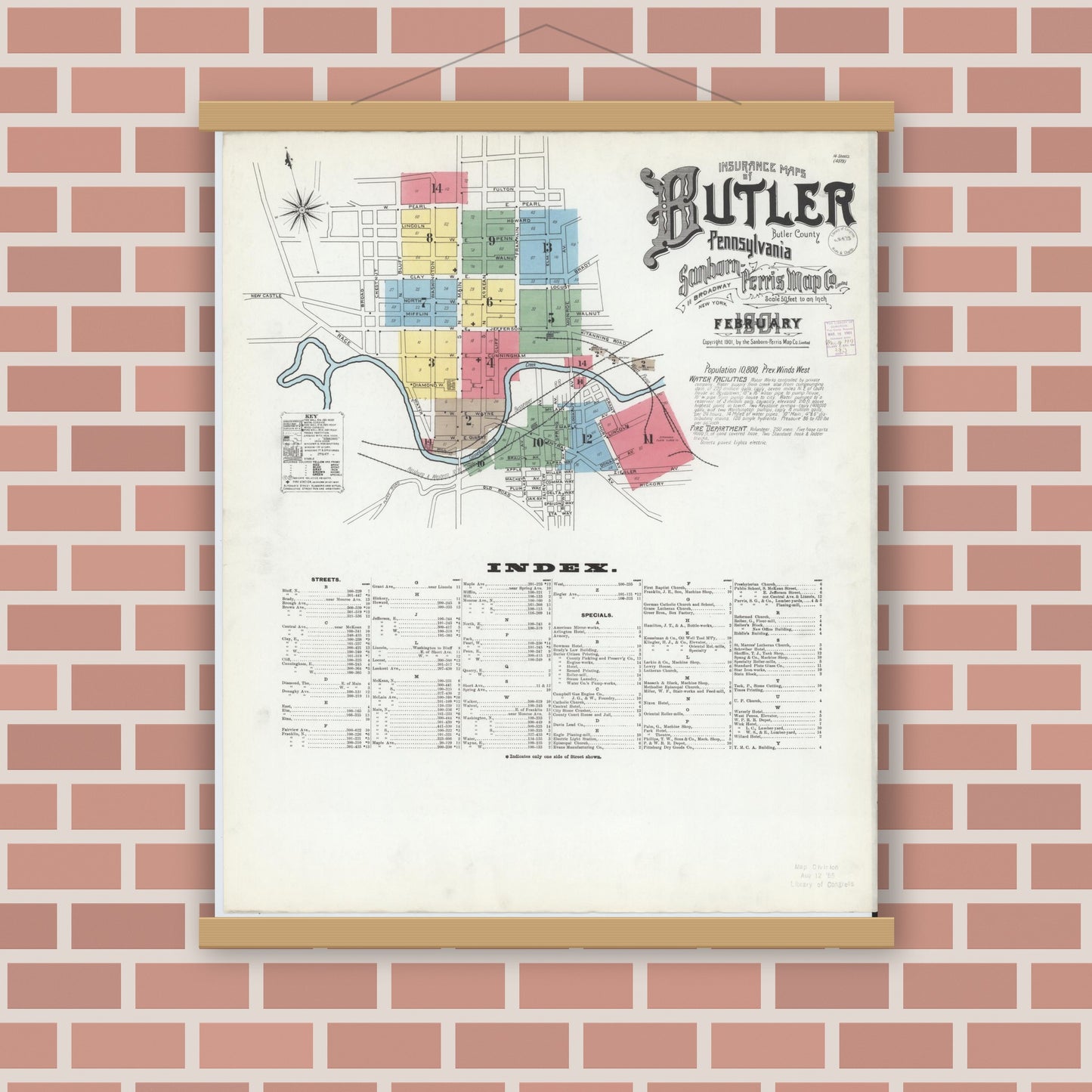 Old map wall art mockup — magnetic wood frame on brick wall — Sanborn Fire Insurance Map from Butler, Butler County, Pennsylvania (1901) - Complete Map Set