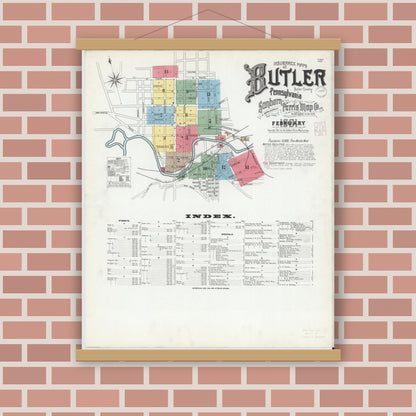 Old map wall art mockup — magnetic wood frame on brick wall — Sanborn Fire Insurance Map from Butler, Butler County, Pennsylvania (1901) - Complete Map Set