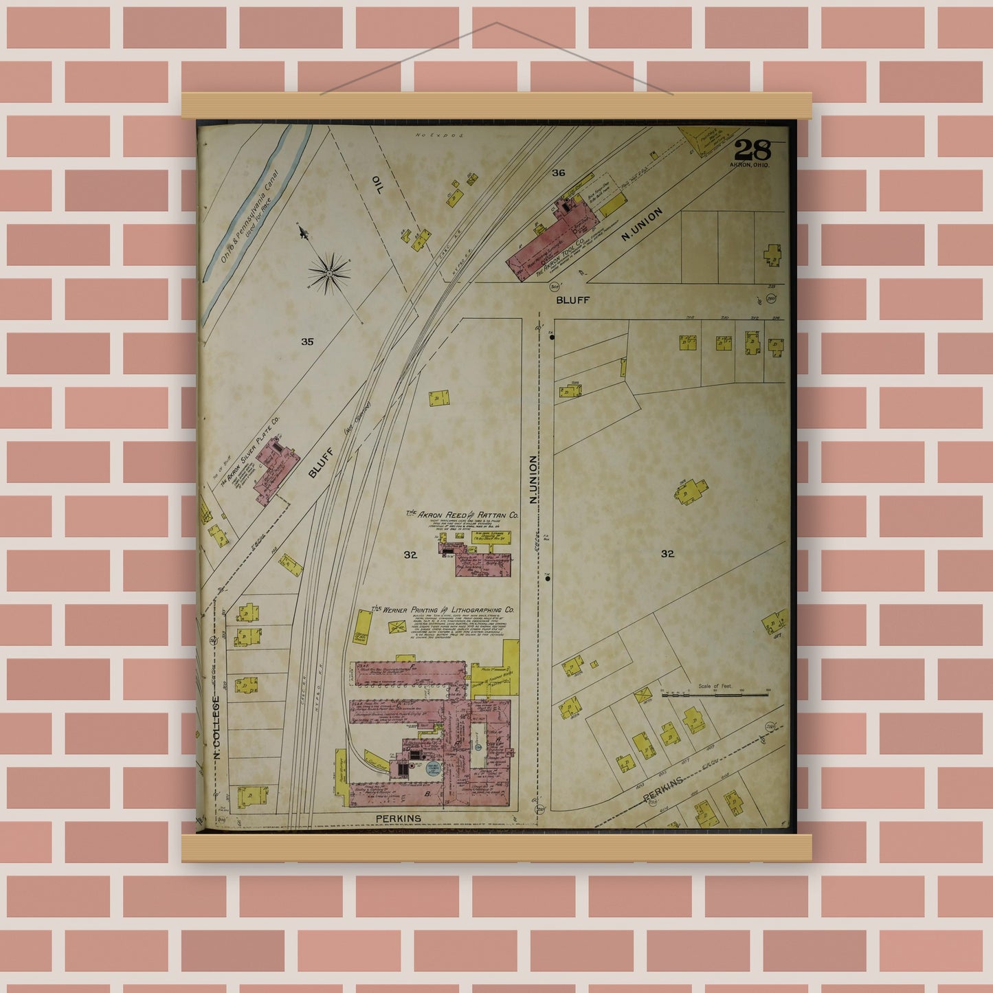 Old map wall art mockup — magnetic wood frame on brick wall — Sanborn Fire Insurance Map from Akron, Summit County, Ohio (1892), Sheet #0028