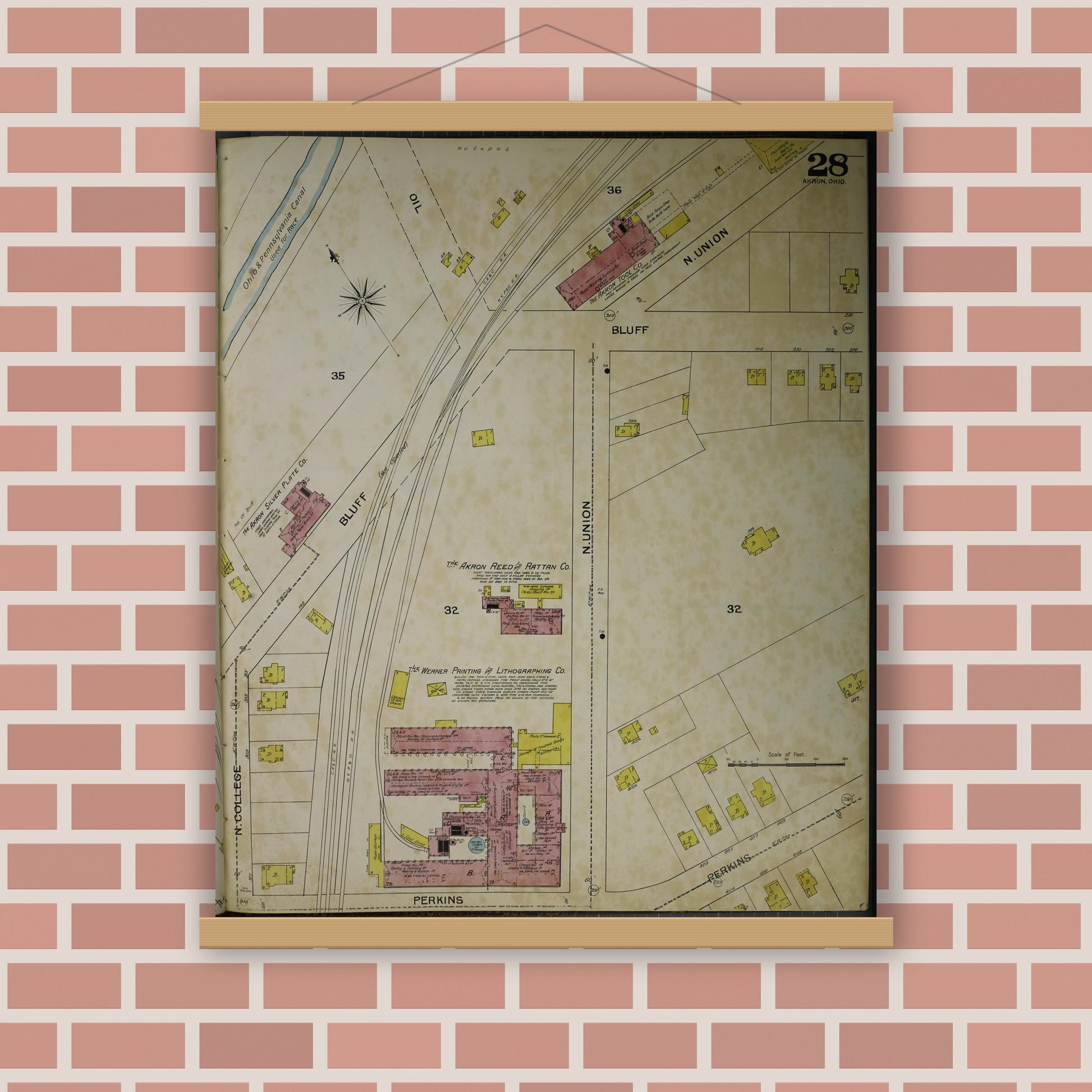 Old map wall art mockup — magnetic wood frame on brick wall — Sanborn Fire Insurance Map from Akron, Summit County, Ohio (1892), Sheet #0028