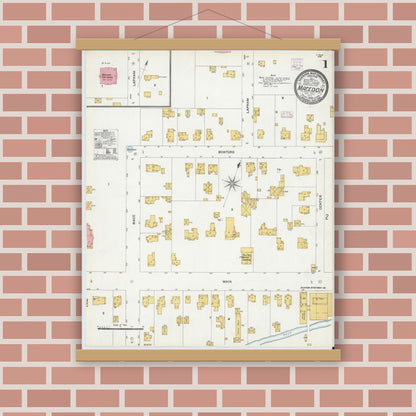 Old map wall art mockup — magnetic wood frame on brick wall — Sanborn Fire Insurance Map from Macedon, Wayne County, New York (1906), Sheet #0001