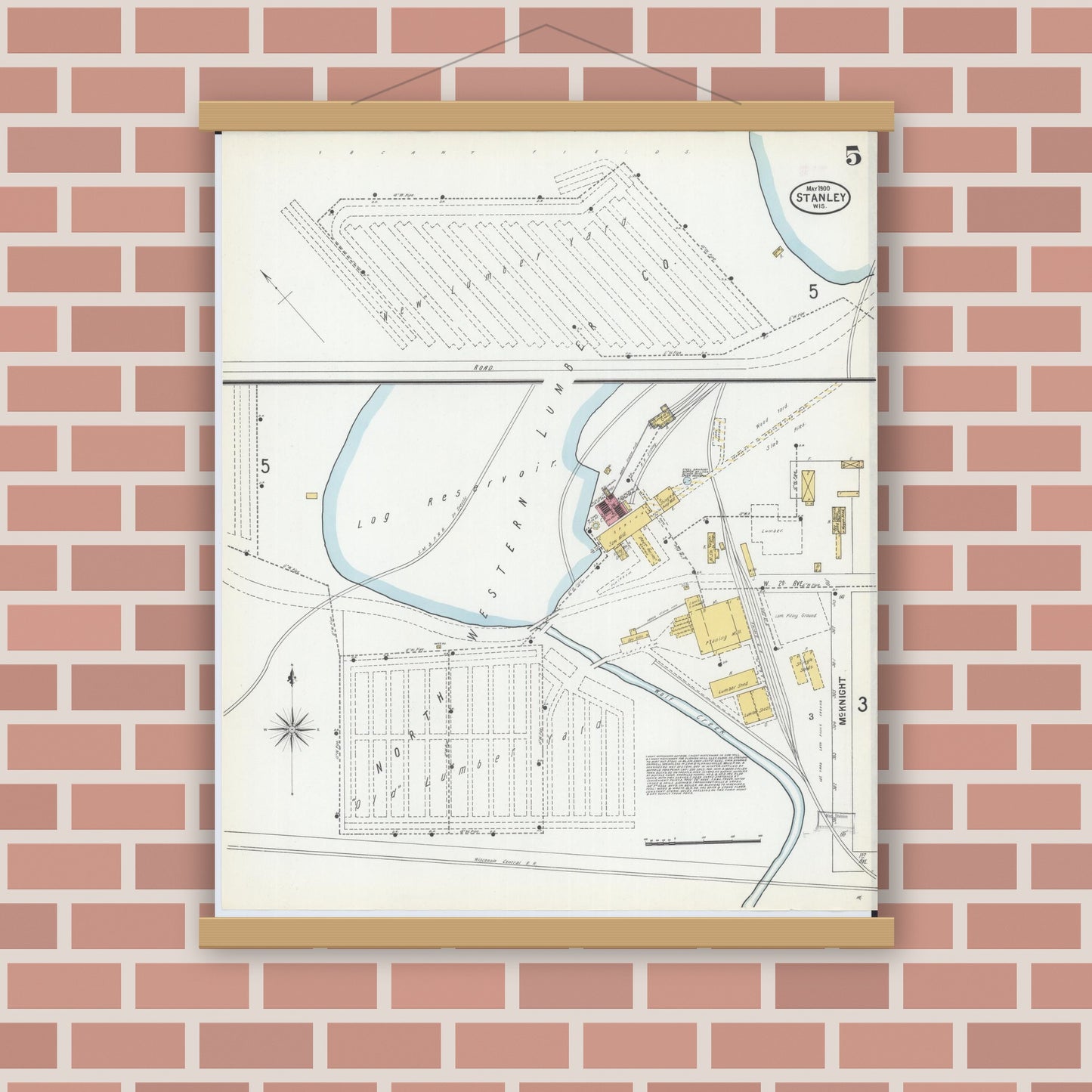 Old map wall art mockup — magnetic wood frame on brick wall — Sanborn Fire Insurance Map from Stanley, Chippewa County, Wisconsin (1900), Sheet #0005