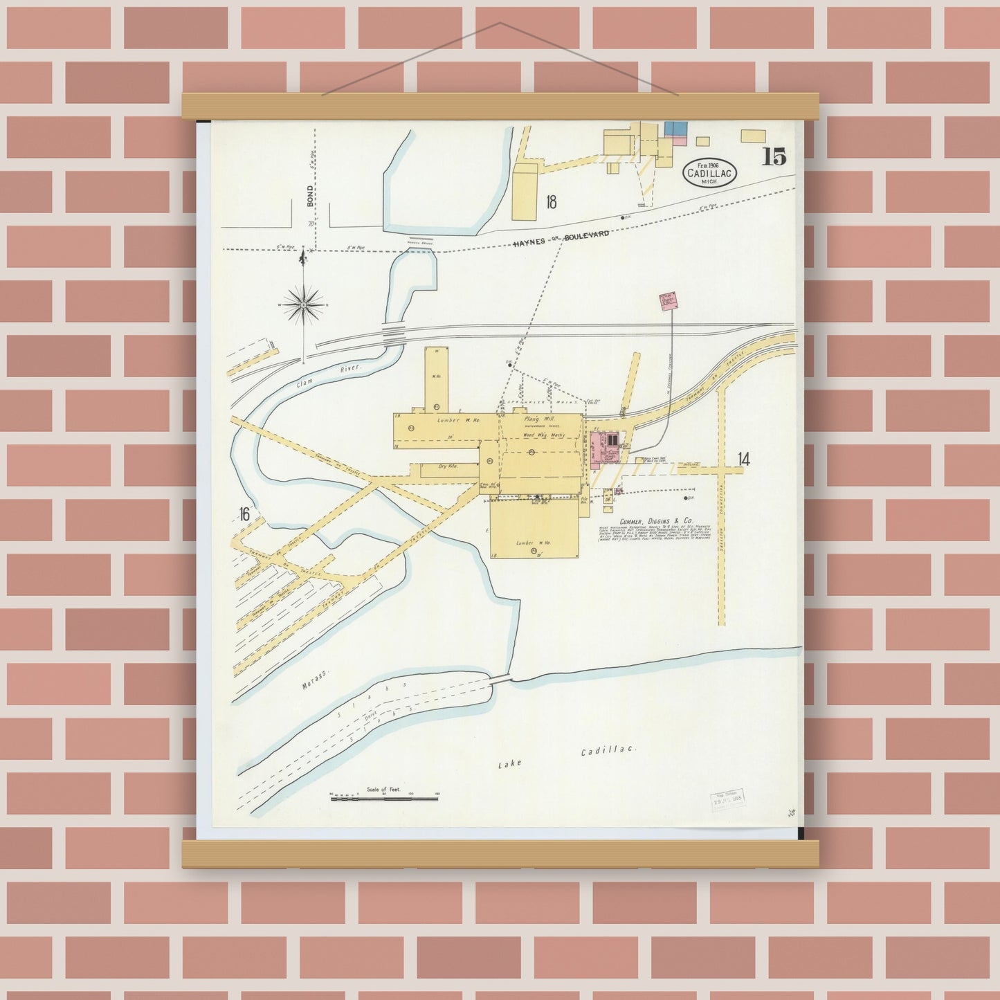 Old map wall art mockup — magnetic wood frame on brick wall — Sanborn Fire Insurance Map from Cadillac, Wexford County, Michigan (1906), Sheet #0015