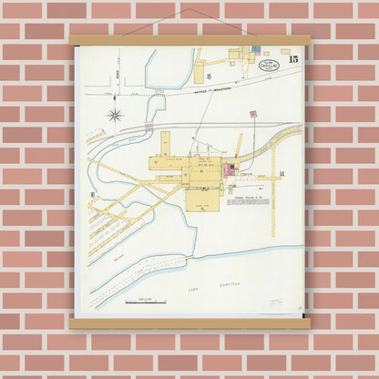 Old map wall art mockup — magnetic wood frame on brick wall — Sanborn Fire Insurance Map from Cadillac, Wexford County, Michigan (1906), Sheet #0015
