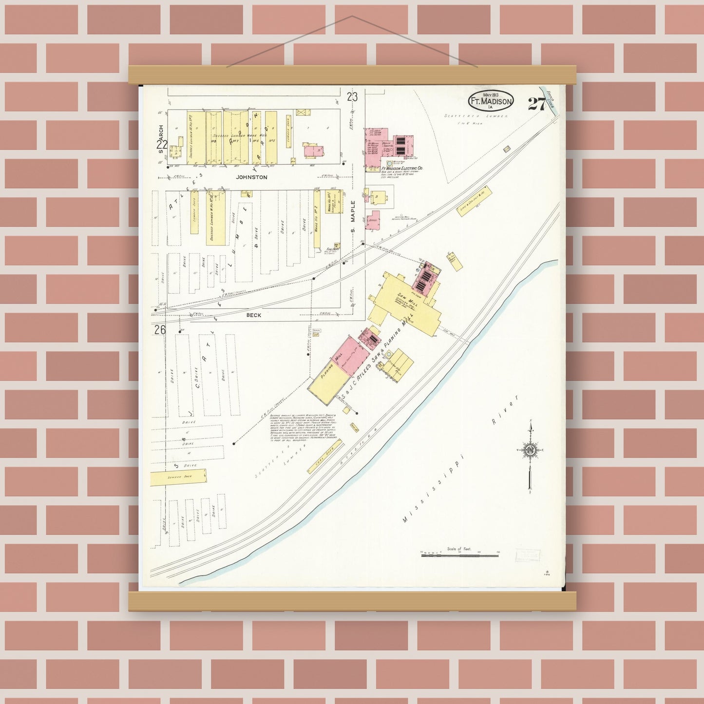 Old map wall art mockup — magnetic wood frame on brick wall — Sanborn Fire Insurance Map from Fort Madison, Lee County, Iowa (1913), Sheet #0027