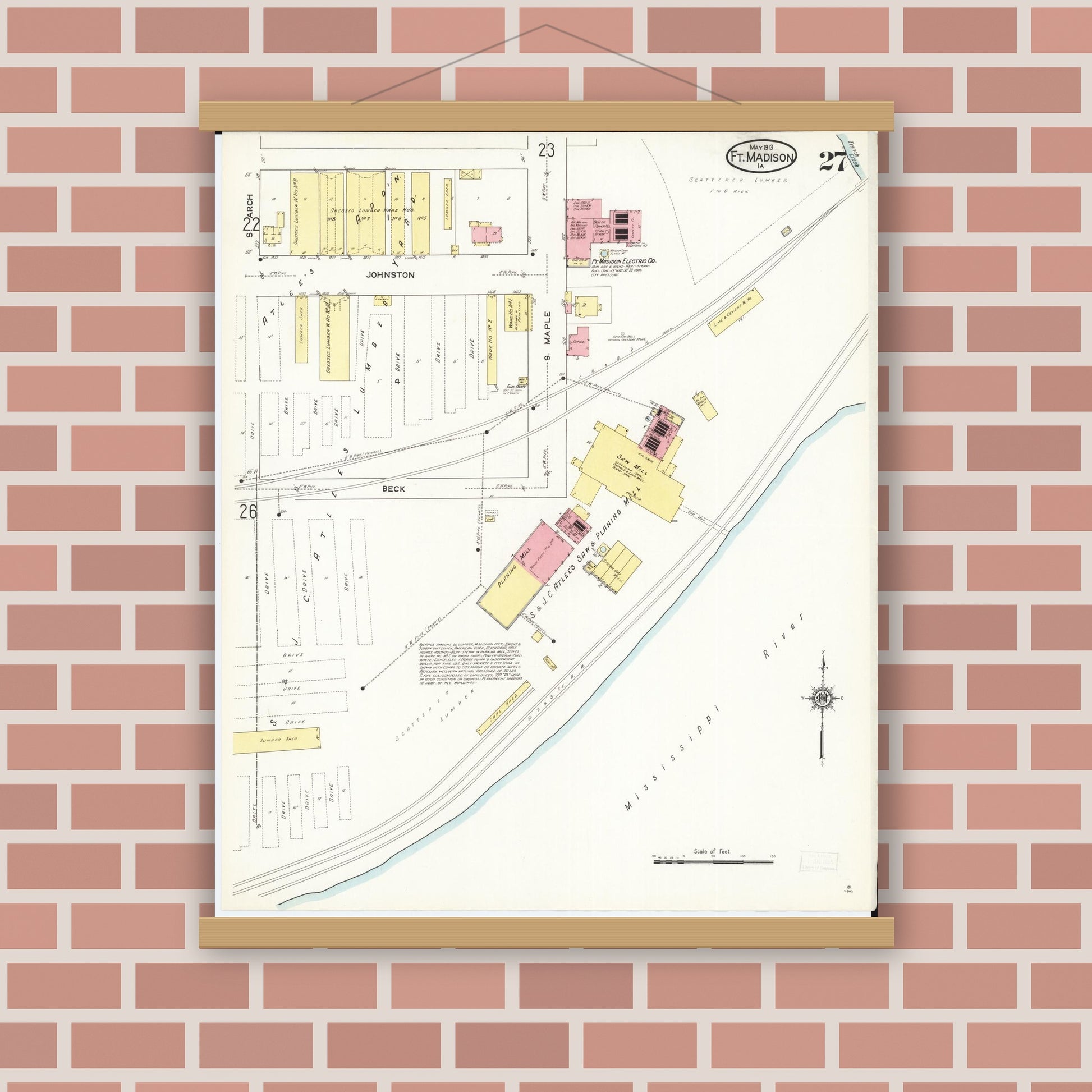 Old map wall art mockup — magnetic wood frame on brick wall — Sanborn Fire Insurance Map from Fort Madison, Lee County, Iowa (1913), Sheet #0027