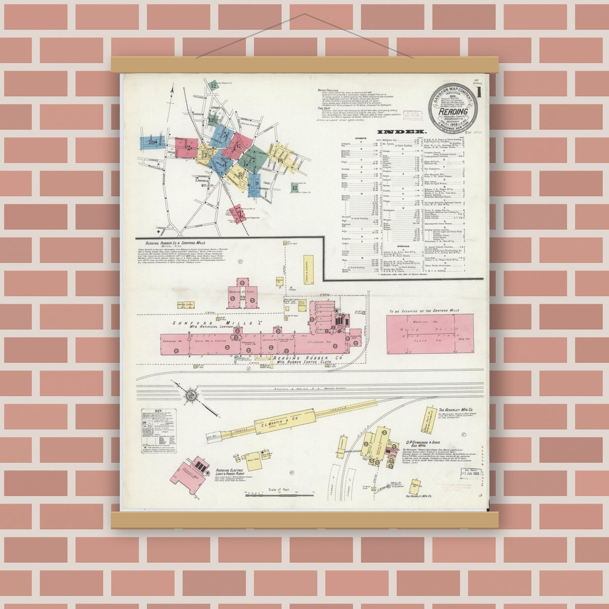 Old map wall art mockup — magnetic wood frame on brick wall — Sanborn Fire Insurance Map from Reading, Middlesex County, Massachusetts (1909) - Complete Map Set