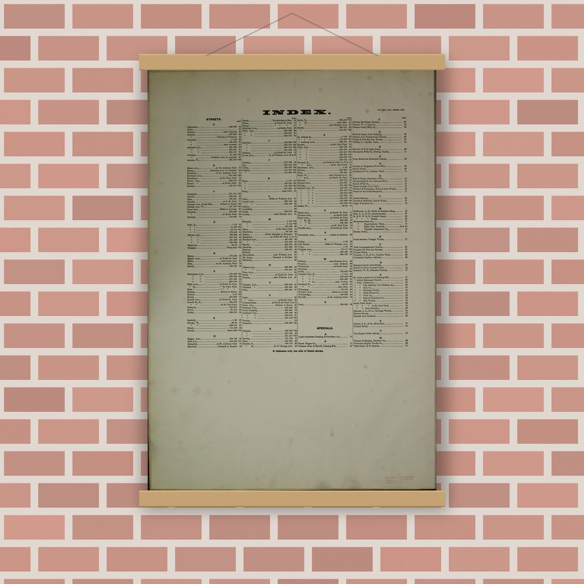 Old map wall art mockup — magnetic wood frame on brick wall — Sanborn Fire Insurance Map from Saint Paul, Ramsey County, Minnesota (1888), Sheet #0001