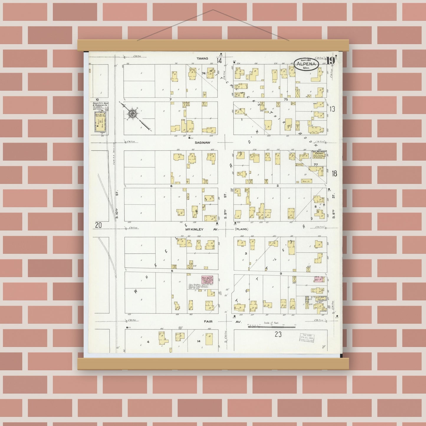 Old map wall art mockup — magnetic wood frame on brick wall — Sanborn Fire Insurance Map from Alpena, Alpena County, Michigan (1910), Sheet #0019