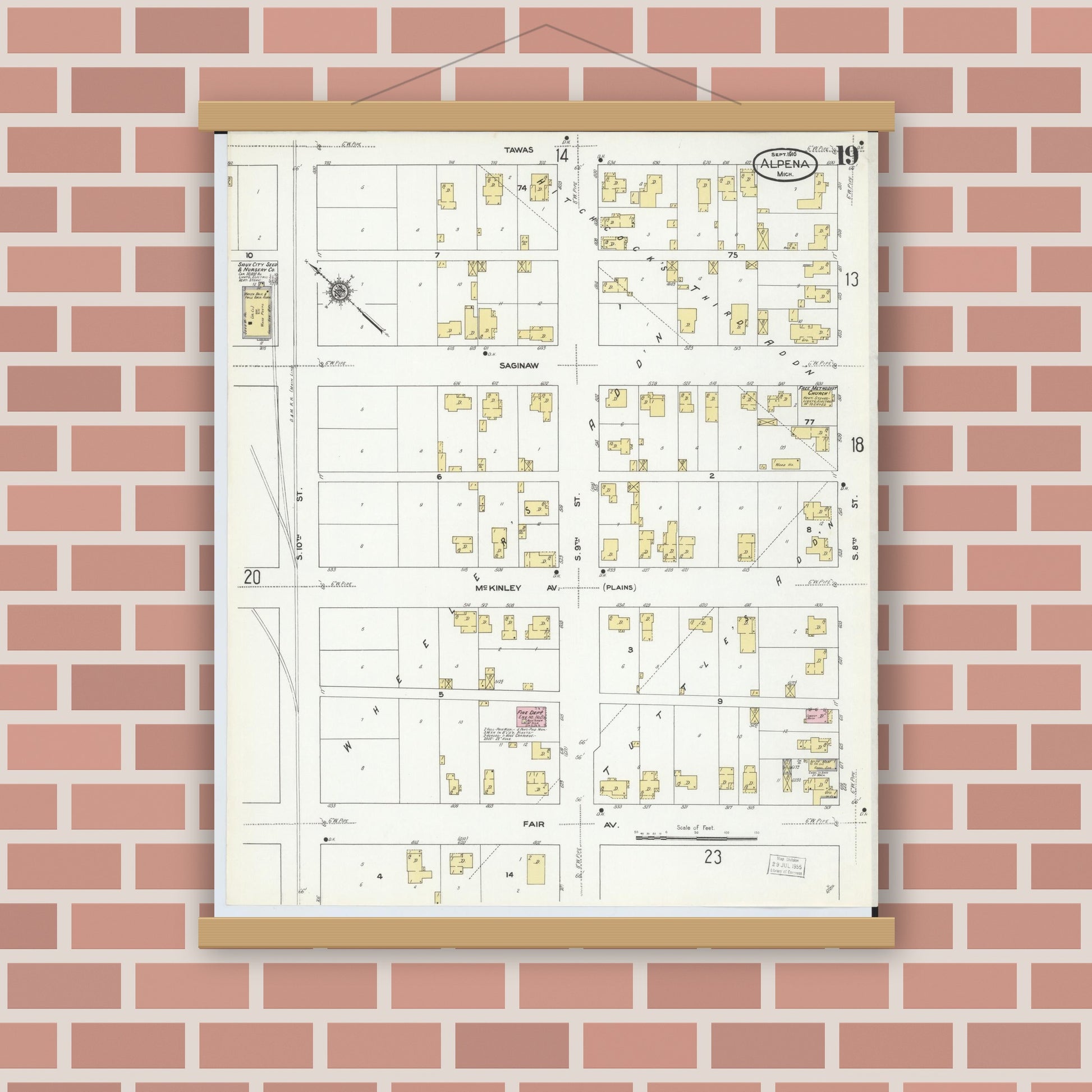 Old map wall art mockup — magnetic wood frame on brick wall — Sanborn Fire Insurance Map from Alpena, Alpena County, Michigan (1910), Sheet #0019