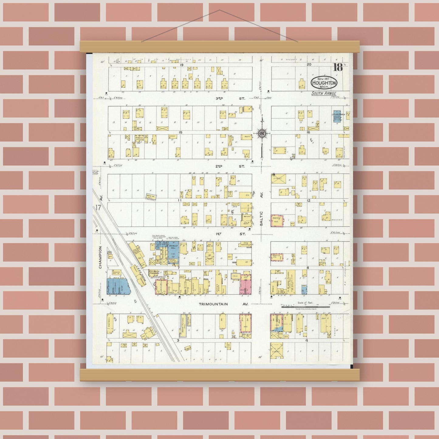 Old map wall art mockup — magnetic wood frame on brick wall — Sanborn Fire Insurance Map from Houghton, Houghton County, Michigan (1917), Sheet #0018