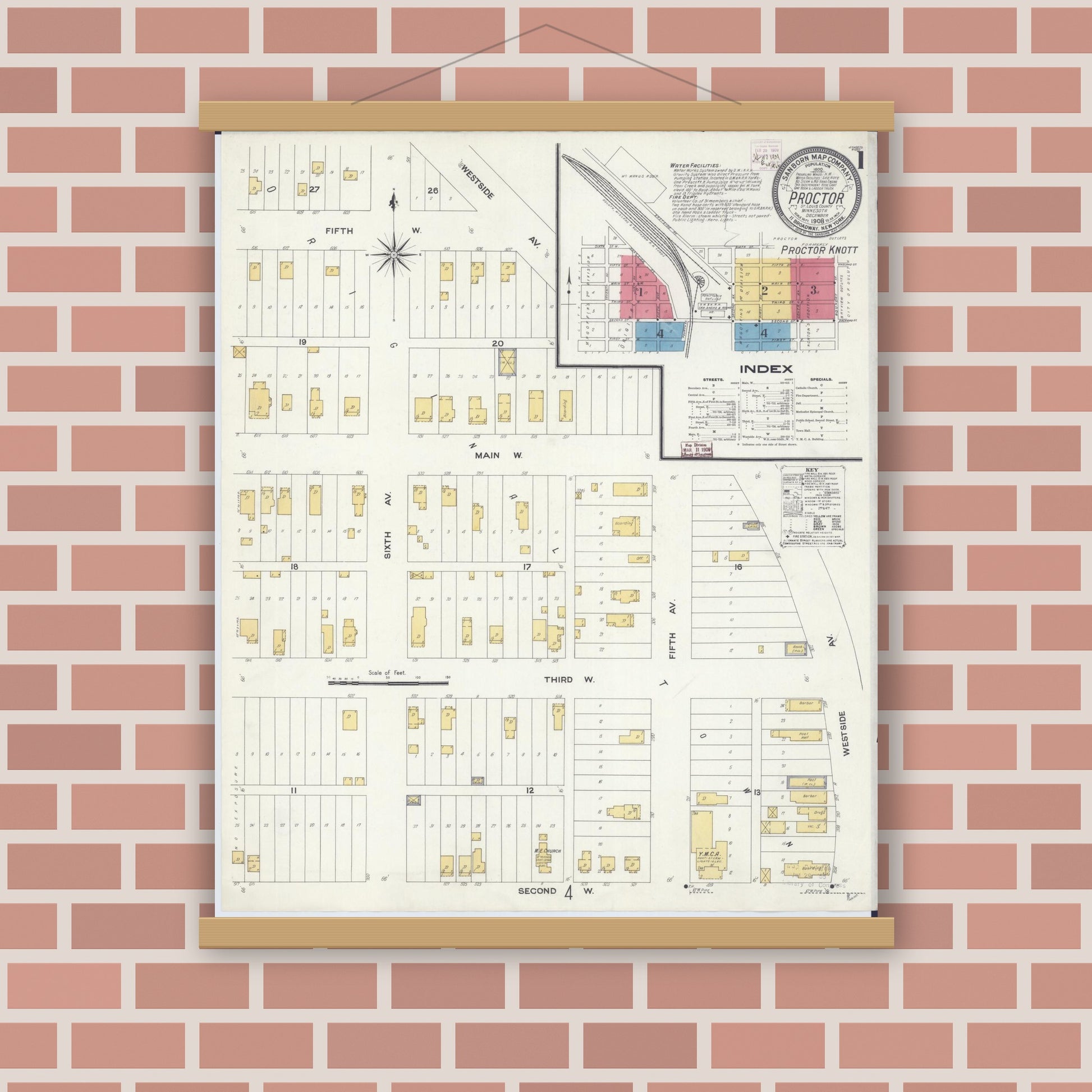 Old map wall art mockup — magnetic wood frame on brick wall — Sanborn Fire Insurance Map from Proctor, Saint Louis County, Minnesota (1908) - Complete Map Set