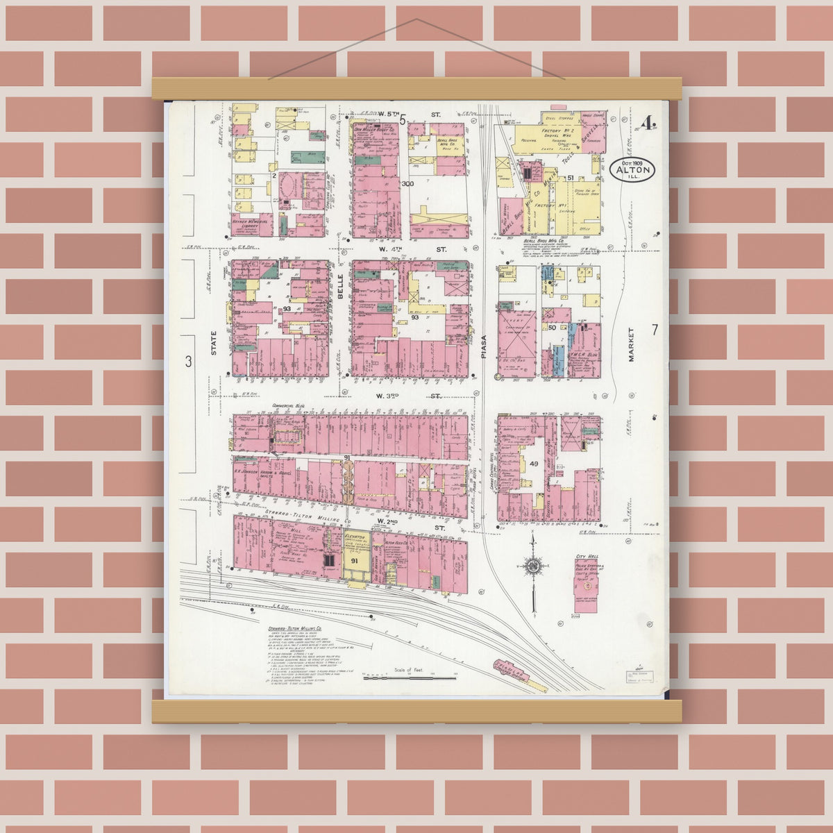 Old map wall art mockup — magnetic wood frame on brick wall — Sanborn Fire Insurance Map from Alton, Madison County, Illinois (1909), Sheet #0004
