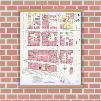 Old map wall art mockup — magnetic wood frame on brick wall — Sanborn Fire Insurance Map from Alton, Madison County, Illinois (1909), Sheet #0004
