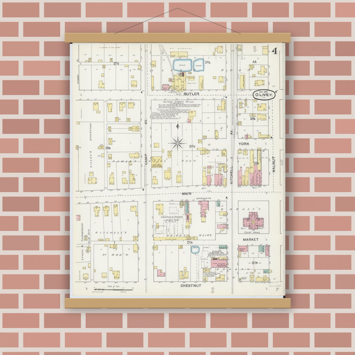 Old map wall art mockup — magnetic wood frame on brick wall — Sanborn Fire Insurance Map from Olney, Richland County, Illinois (1892), Sheet #0004