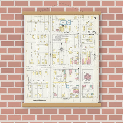 Old map wall art mockup — magnetic wood frame on brick wall — Sanborn Fire Insurance Map from Olney, Richland County, Illinois (1892), Sheet #0004