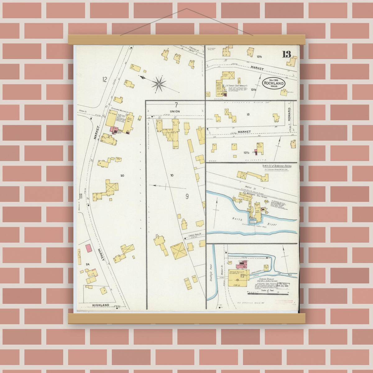 Old map wall art mockup — magnetic wood frame on brick wall — Sanborn Fire Insurance Map from Rockland, Plymouth County, Massachusetts (1906), Sheet #0013