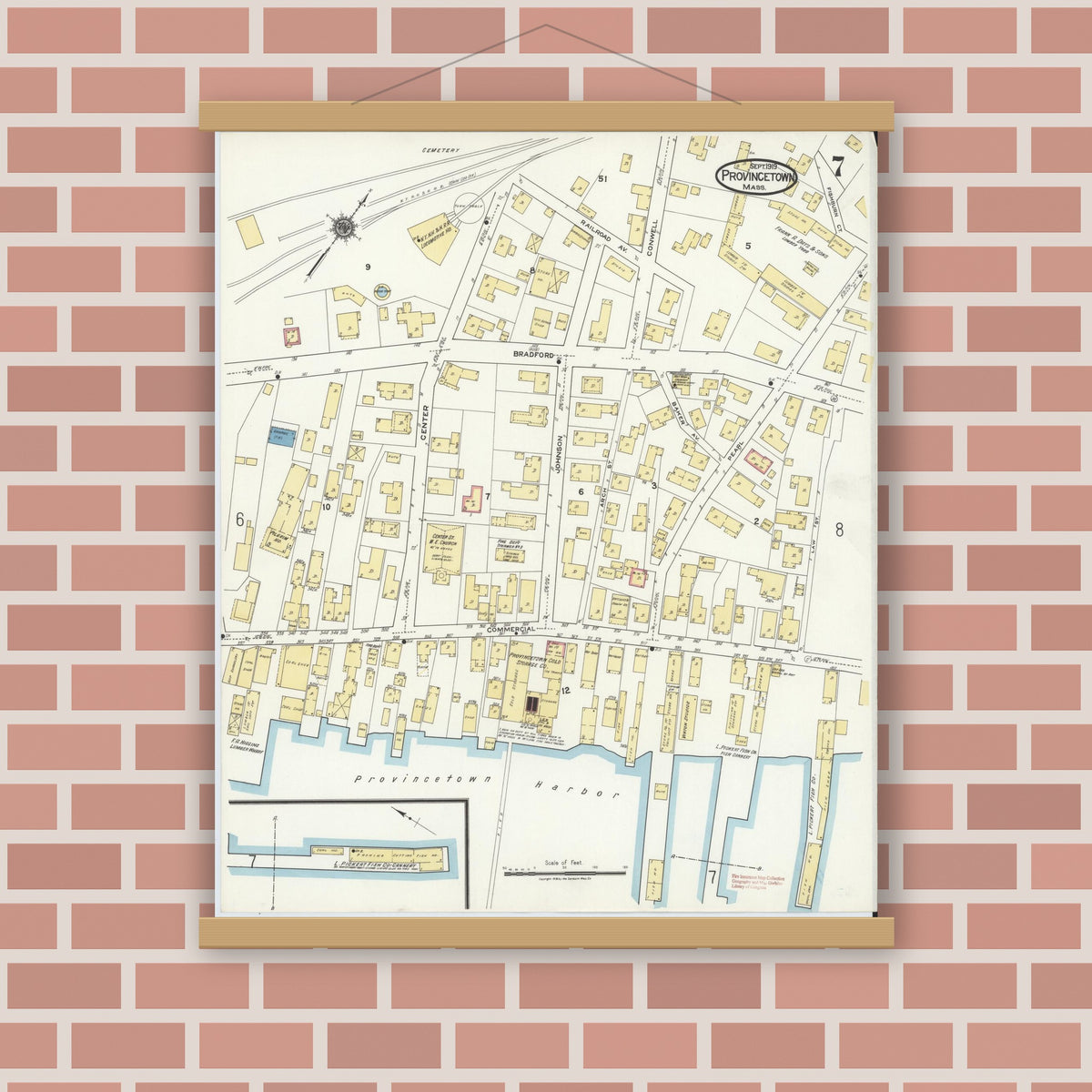 Old map wall art mockup — magnetic wood frame on brick wall — Sanborn Fire Insurance Map from Provincetown, Barnstable County, Massachusetts (1919), Sheet #0007