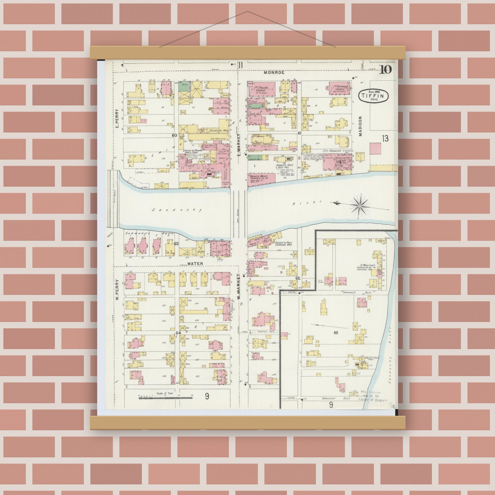 Old map wall art mockup — magnetic wood frame on brick wall — Sanborn Fire Insurance Map from Tiffin, Seneca County, Ohio (1896), Sheet #0010