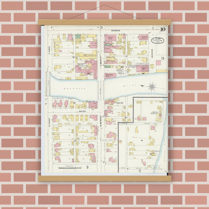 Old map wall art mockup — magnetic wood frame on brick wall — Sanborn Fire Insurance Map from Tiffin, Seneca County, Ohio (1896), Sheet #0010
