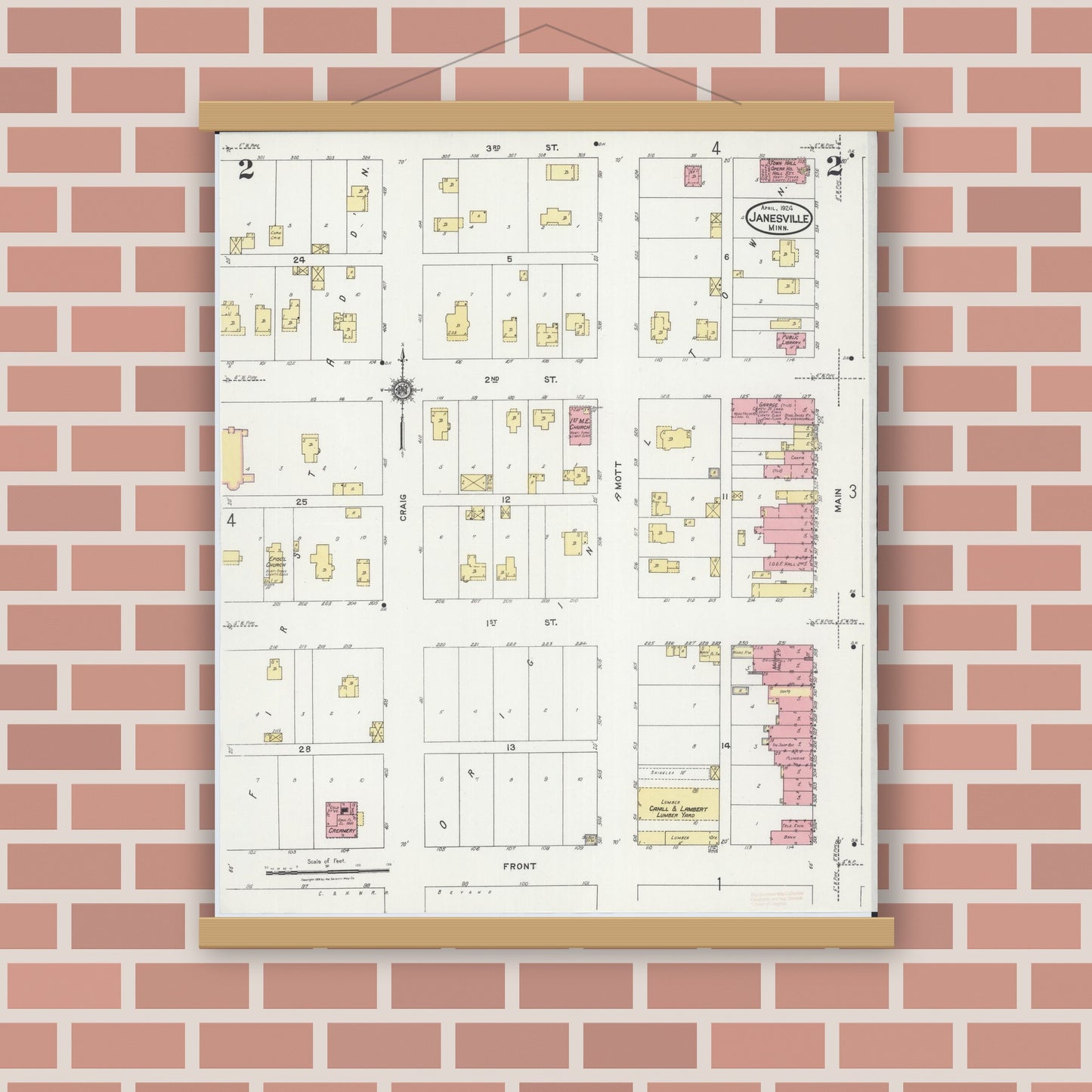 Old map wall art mockup — magnetic wood frame on brick wall — Sanborn Fire Insurance Map from Janesville, Waseca County, Minnesota (1924), Sheet #0002