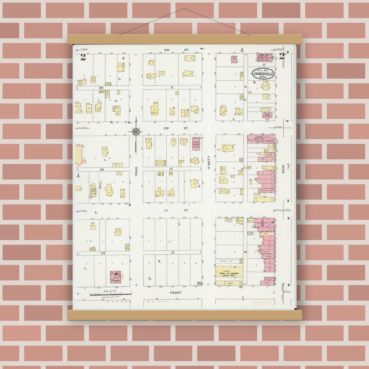 Old map wall art mockup — magnetic wood frame on brick wall — Sanborn Fire Insurance Map from Janesville, Waseca County, Minnesota (1924), Sheet #0002