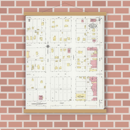 Old map wall art mockup — magnetic wood frame on brick wall — Sanborn Fire Insurance Map from Janesville, Waseca County, Minnesota (1924), Sheet #0002