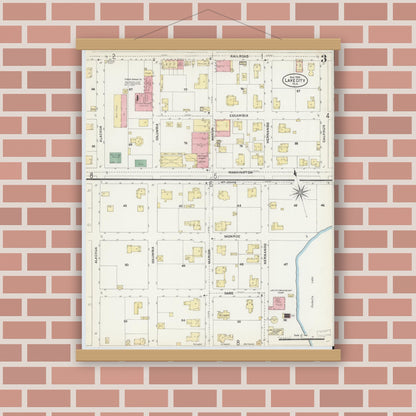 Old map wall art mockup — magnetic wood frame on brick wall — Sanborn Fire Insurance Map from Lake City, Columbia County, Florida (1906), Sheet #0003
