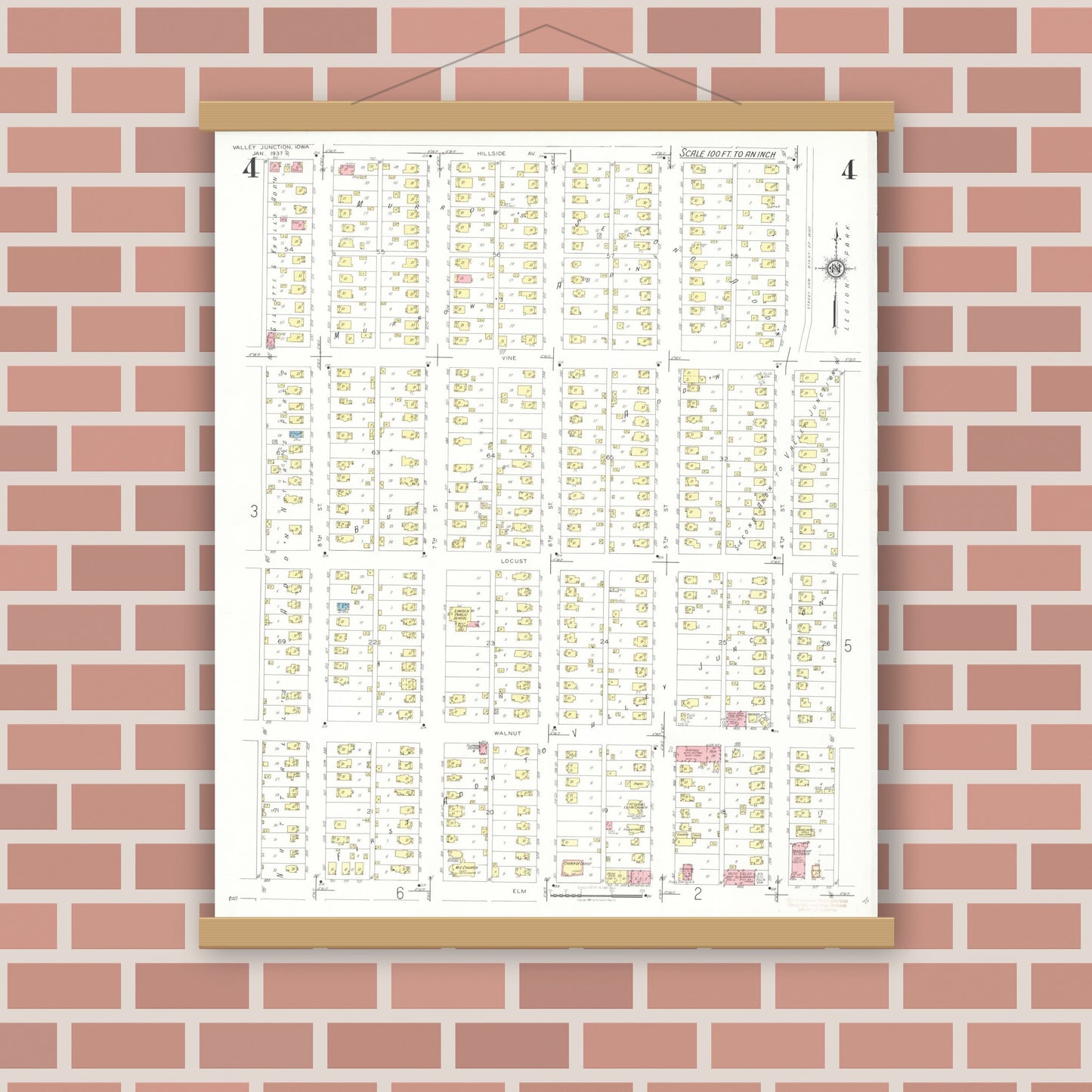 Old map wall art mockup — magnetic wood frame on brick wall — Sanborn Fire Insurance Map from Valley Junction, Polk County, Iowa (1937), Sheet #0004