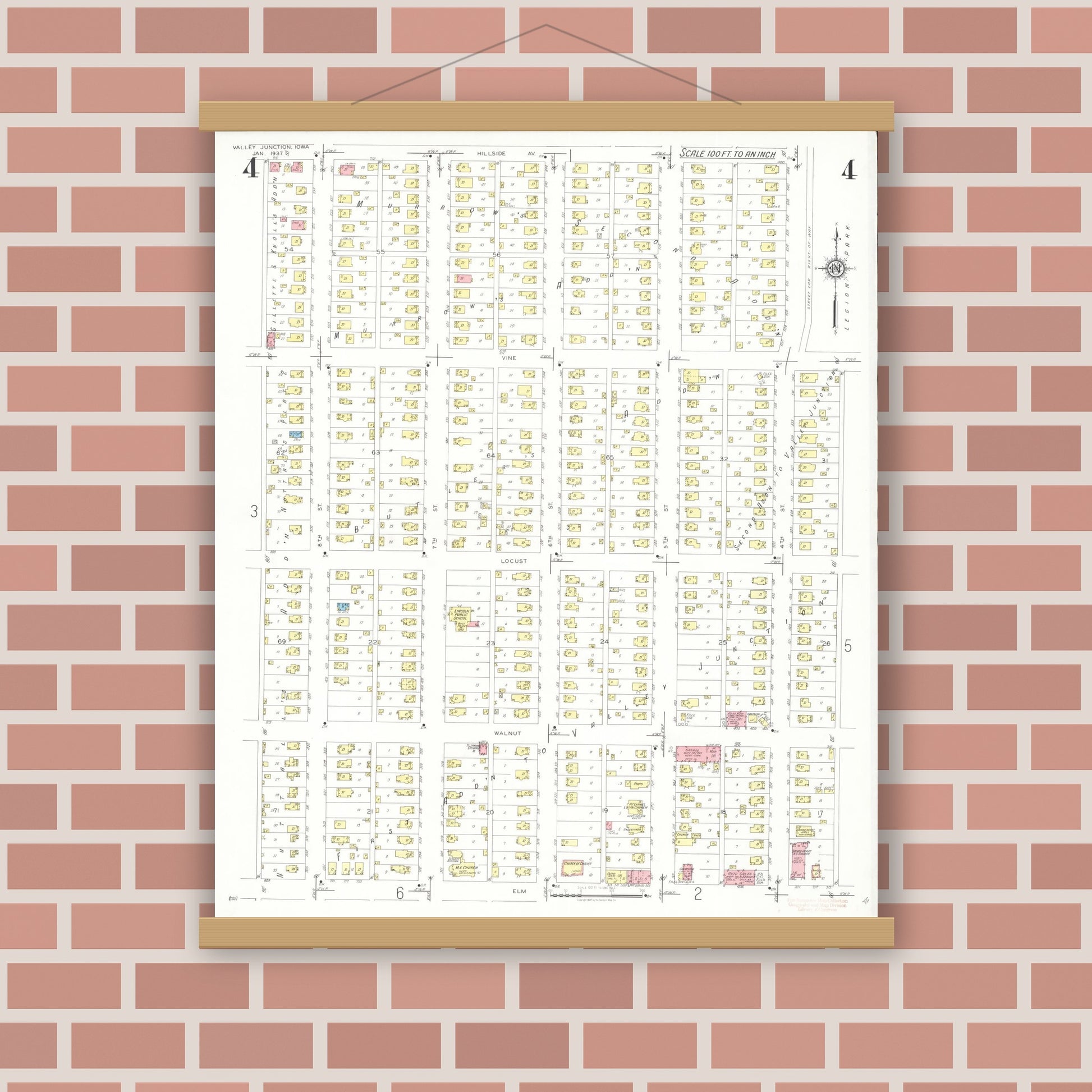 Old map wall art mockup — magnetic wood frame on brick wall — Sanborn Fire Insurance Map from Valley Junction, Polk County, Iowa (1937), Sheet #0004