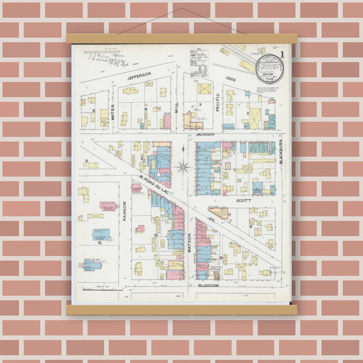 Old map wall art mockup — magnetic wood frame on brick wall — Sanborn Fire Insurance Map from Ripon, Fond du Lac County, Wisconsin (1892), Sheet #0001