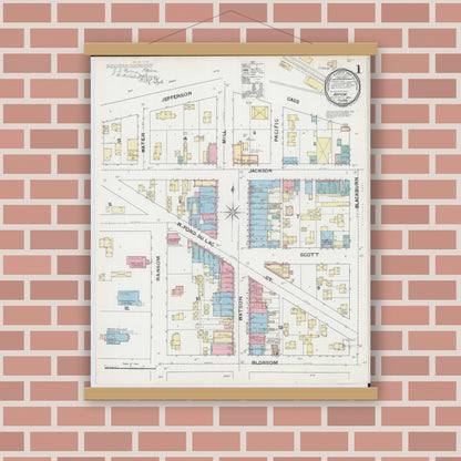 Old map wall art mockup — magnetic wood frame on brick wall — Sanborn Fire Insurance Map from Ripon, Fond du Lac County, Wisconsin (1892), Sheet #0001
