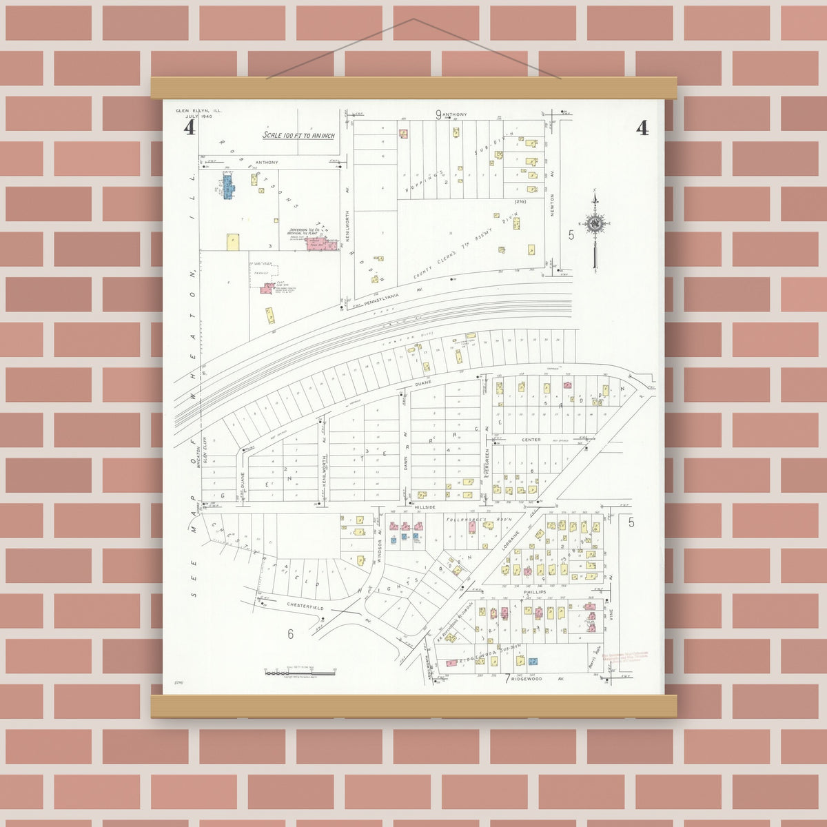 Old map wall art mockup — magnetic wood frame on brick wall — Sanborn Fire Insurance Map from Glen Ellyn, Du Page County, Illinois (1940), Sheet #0004