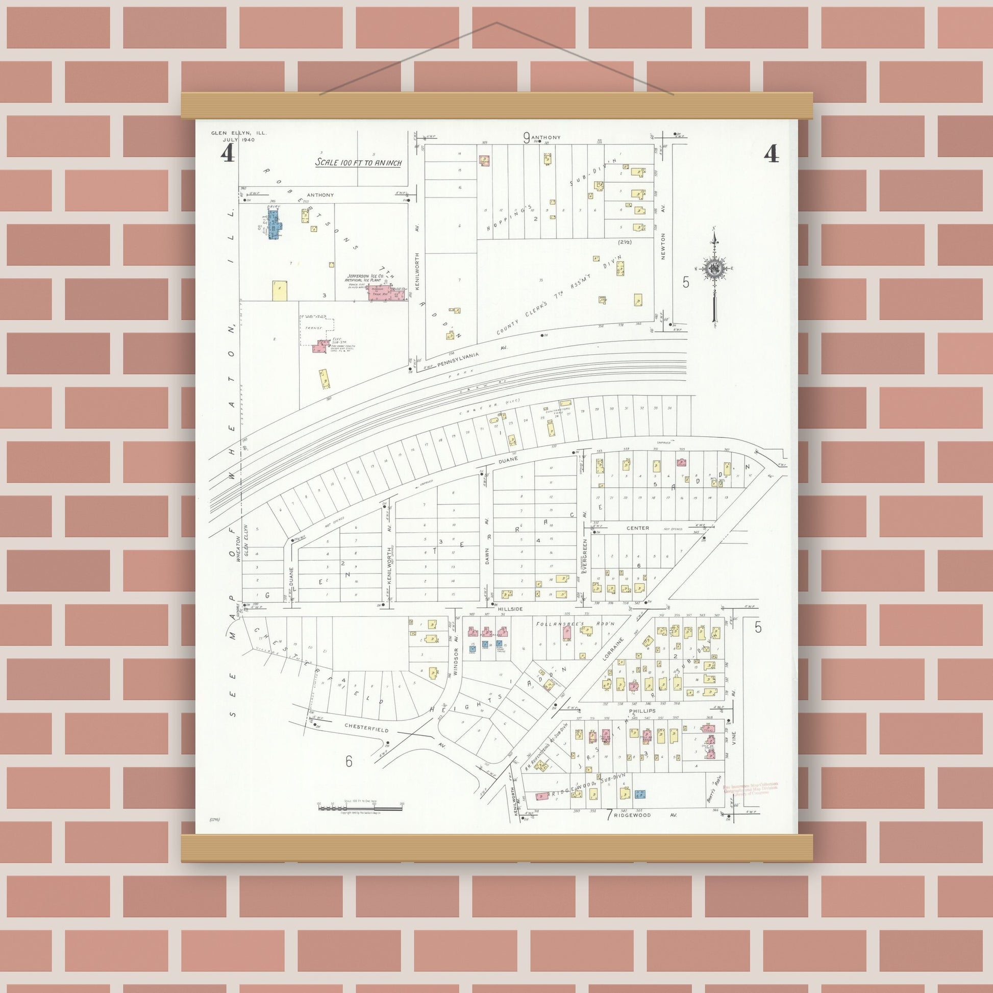 Old map wall art mockup — magnetic wood frame on brick wall — Sanborn Fire Insurance Map from Glen Ellyn, Du Page County, Illinois (1940), Sheet #0004