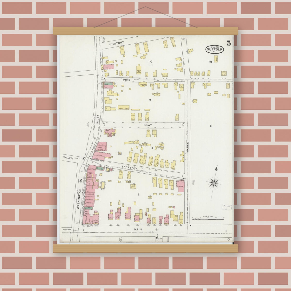 Old map wall art mockup — magnetic wood frame on brick wall — Sanborn Fire Insurance Map from Suffolk, Independent Cities, Virginia (1894), Sheet #0005