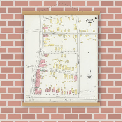 Old map wall art mockup — magnetic wood frame on brick wall — Sanborn Fire Insurance Map from Suffolk, Independent Cities, Virginia (1894), Sheet #0005