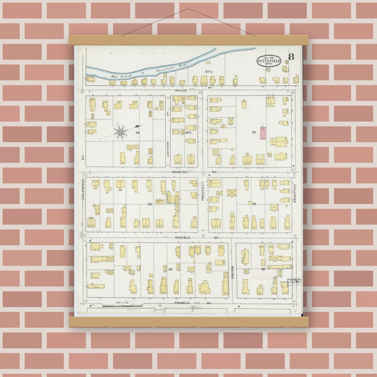 Old map wall art mockup — magnetic wood frame on brick wall — Sanborn Fire Insurance Map from Pittsfield, Berkshire County, Massachusetts (1895), Sheet #0008