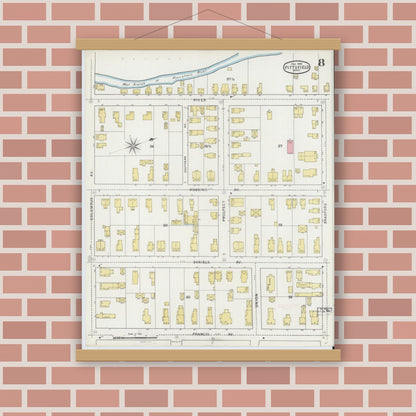 Old map wall art mockup — magnetic wood frame on brick wall — Sanborn Fire Insurance Map from Pittsfield, Berkshire County, Massachusetts (1895), Sheet #0008