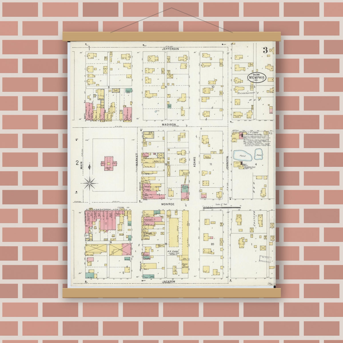 Old map wall art mockup — magnetic wood frame on brick wall — Sanborn Fire Insurance Map from Memphis, Scotland County, Missouri (1898), Sheet #0003